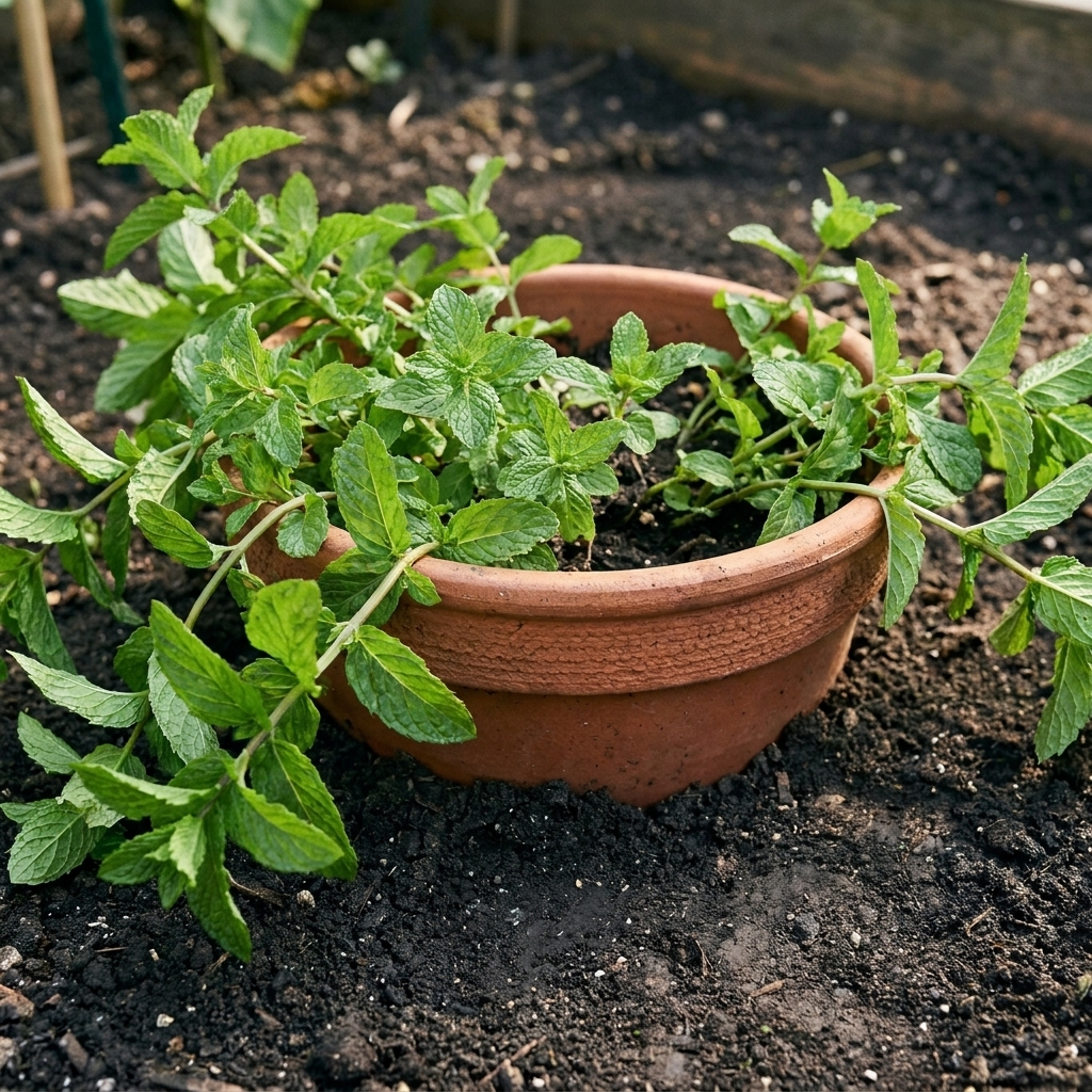 A terracotta pot sunk into a garden bed with the rim 1 to 2 inches above the soil, mint leaves spilling over the top while the surrounding soil is neatly tamped