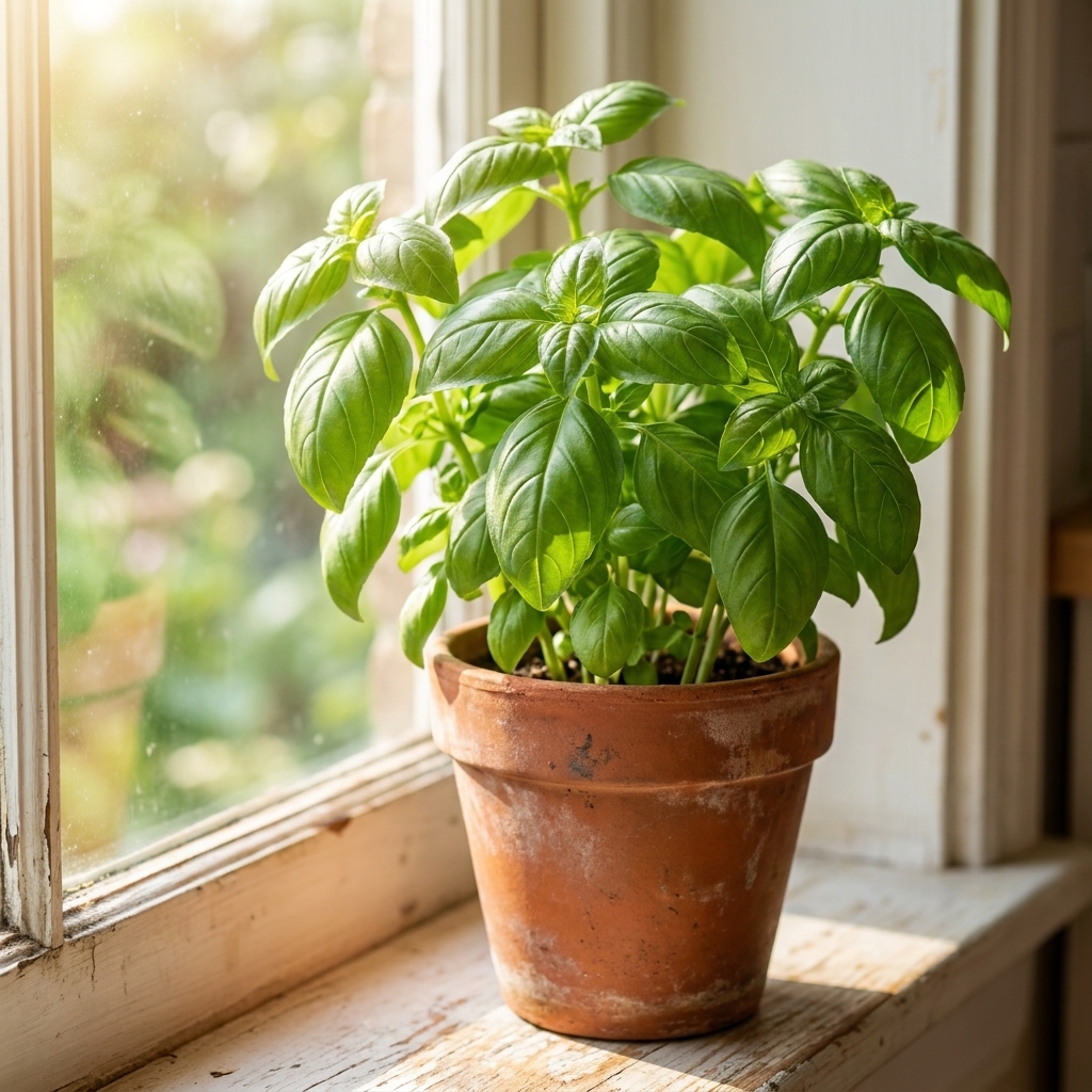 A thriving sweet basil plant in a terracotta pot on a bright kitchen windowsill with sunlight hitting the leaves
