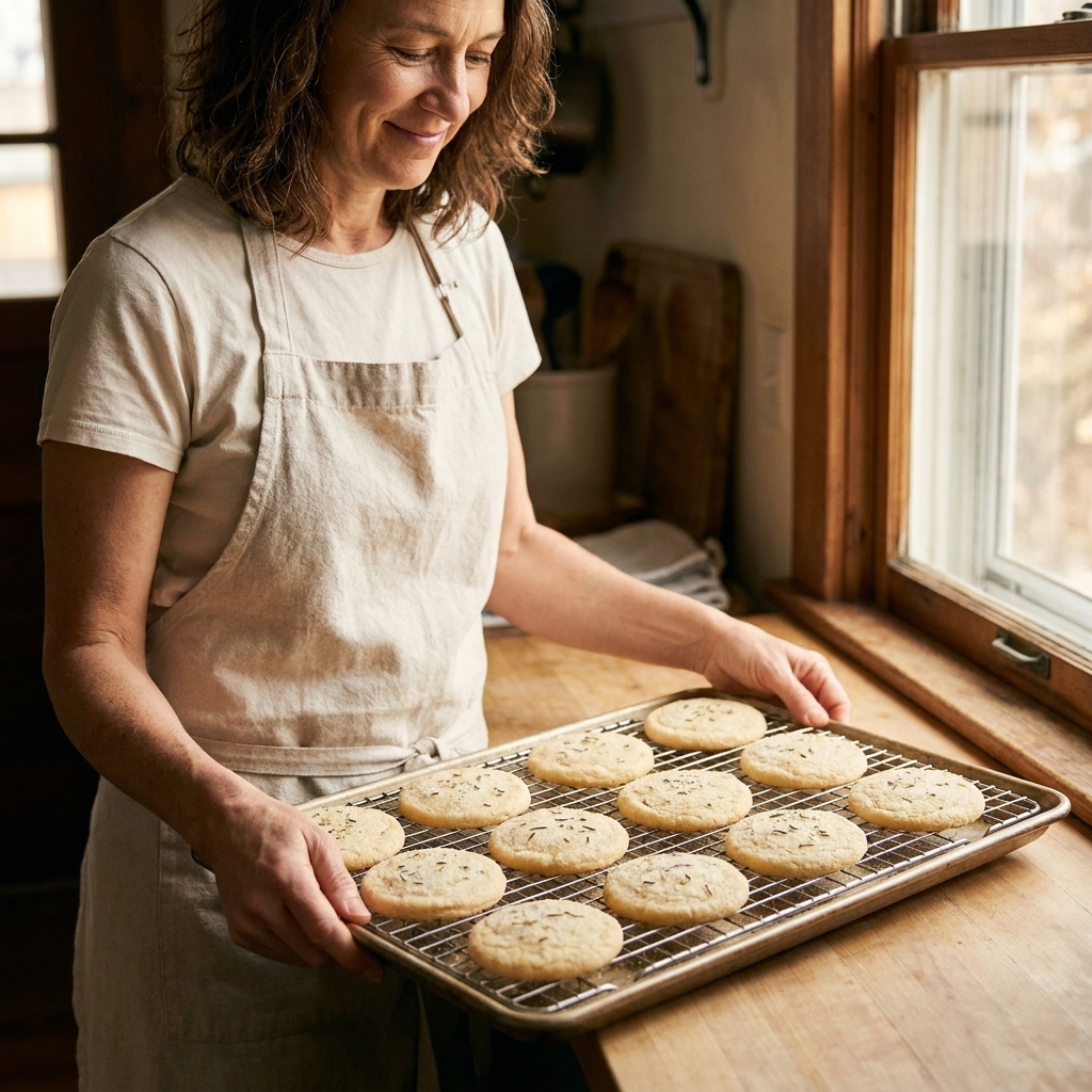 A tray of sugar cookies with a light sprinkle of rosemary-infused sugar on top, cooling on a wire rack