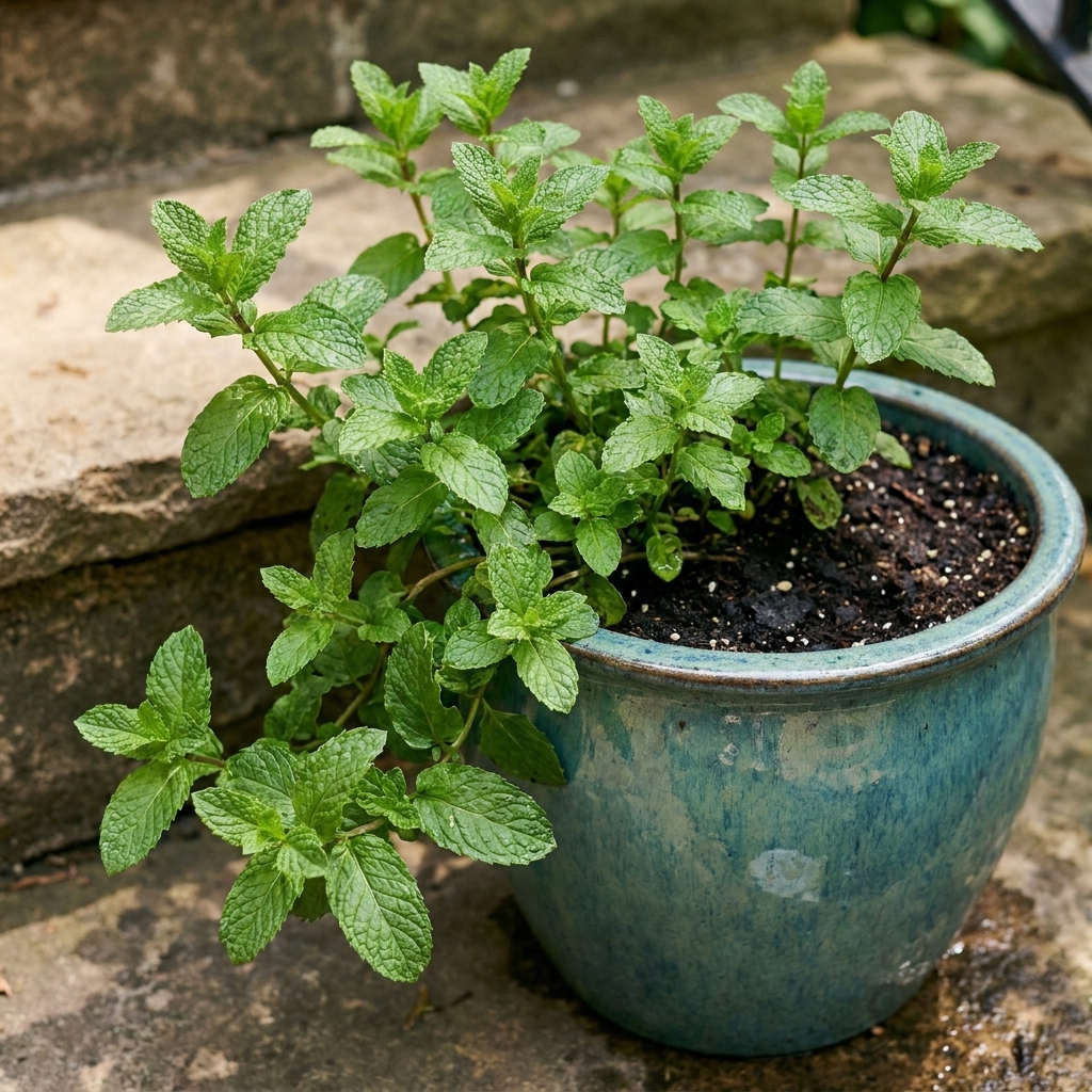 A vigorous mint plant spilling over a glazed ceramic container on an outdoor step, with dark slightly moist soil