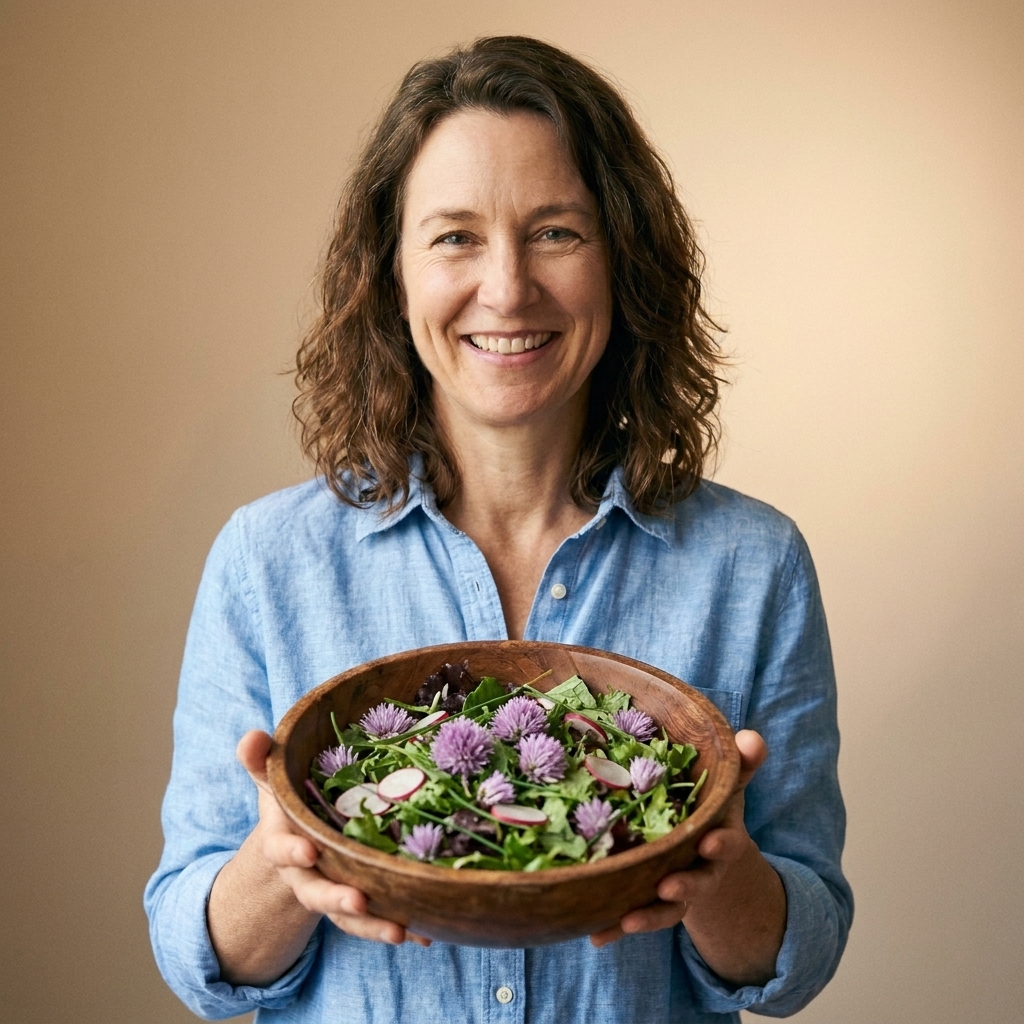 A wooden bowl of leafy green salad topped with scattered purple chive blossom florets and sliced radishes