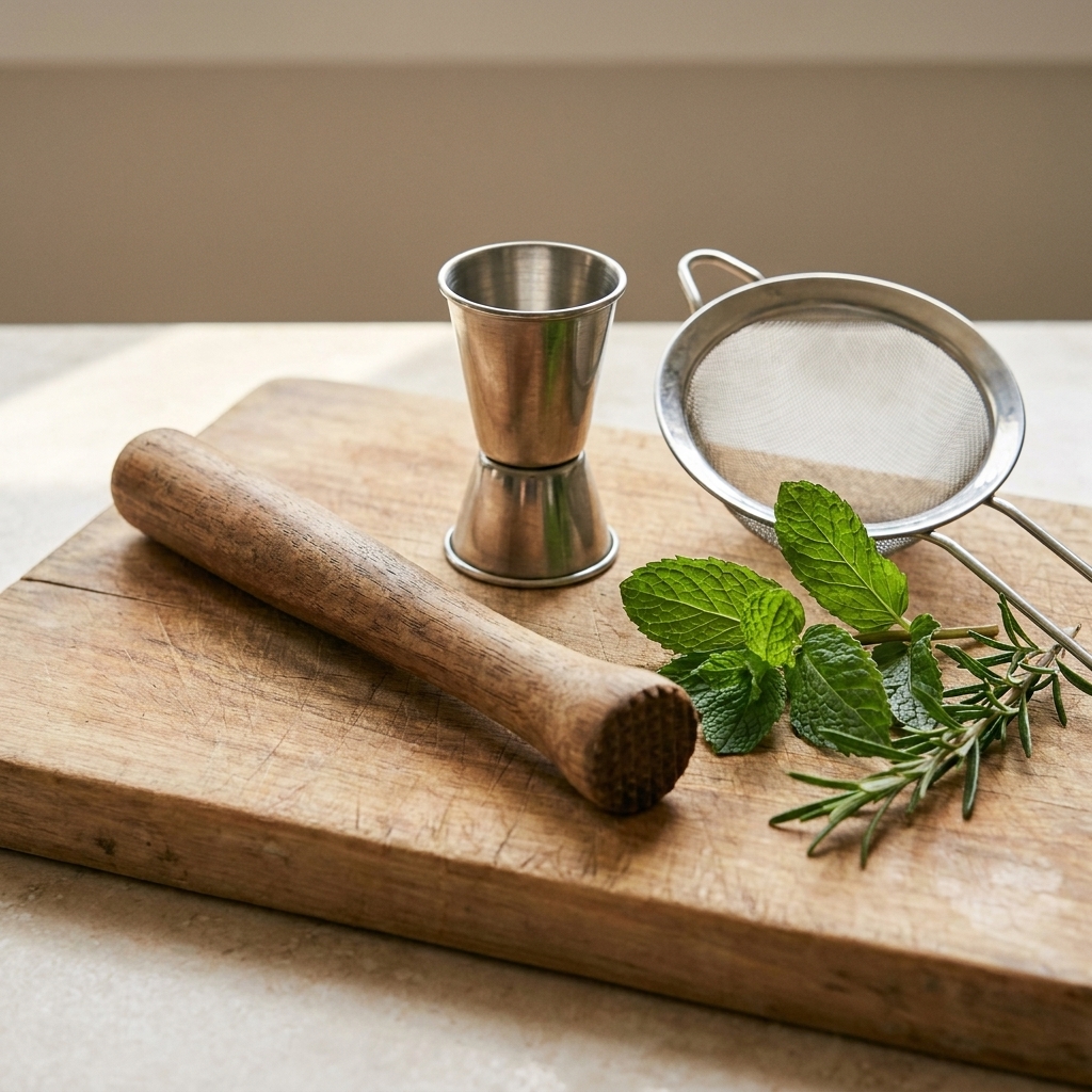 A wooden muddler, jigger, and fine mesh strainer laid out beside a cutting board with fresh herbs