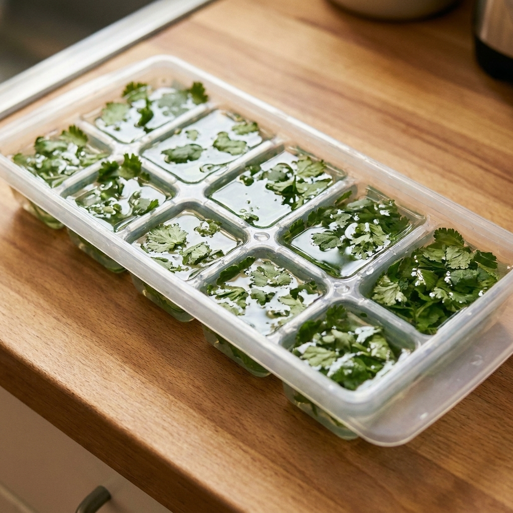 An ice cube tray filled with chopped cilantro suspended in water, resting flat before freezing