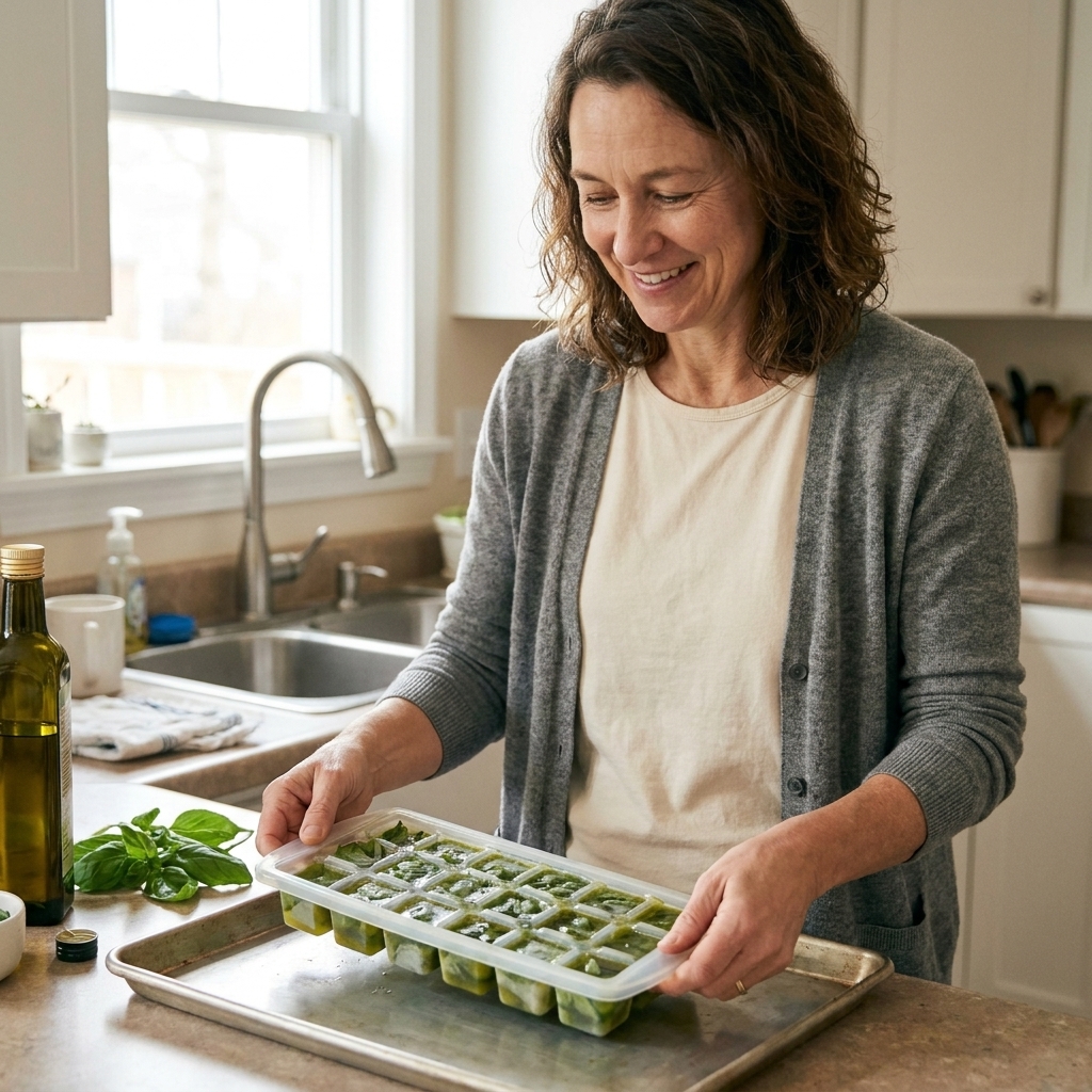 An ice cube tray filled with green basil and olive oil cubes resting on a freezer-safe tray in a home kitchen