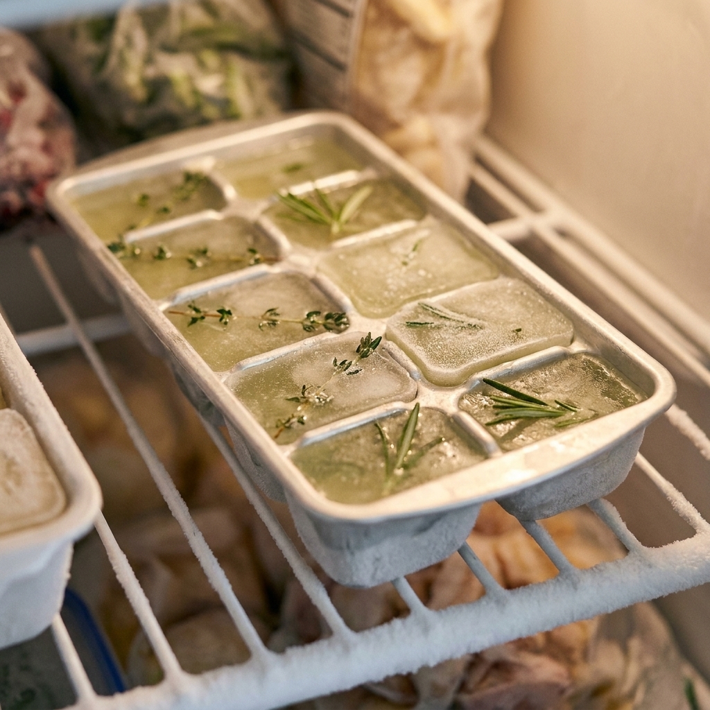 An ice cube tray filled with pale herb simple syrup on a freezer shelf, with a few frozen cubes visible