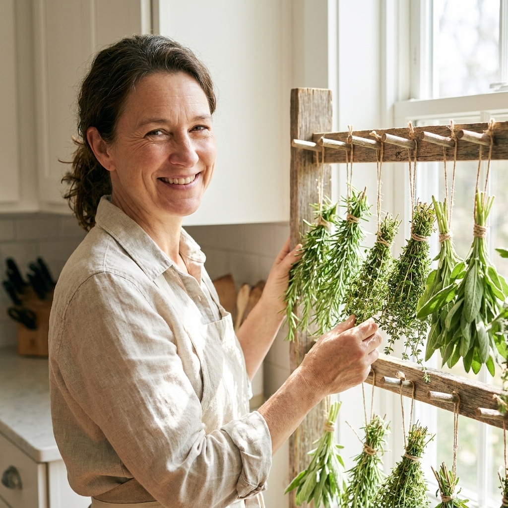 Bundles of freshly harvested herbs tied with twine and hanging from a simple kitchen rack in a bright home kitchen