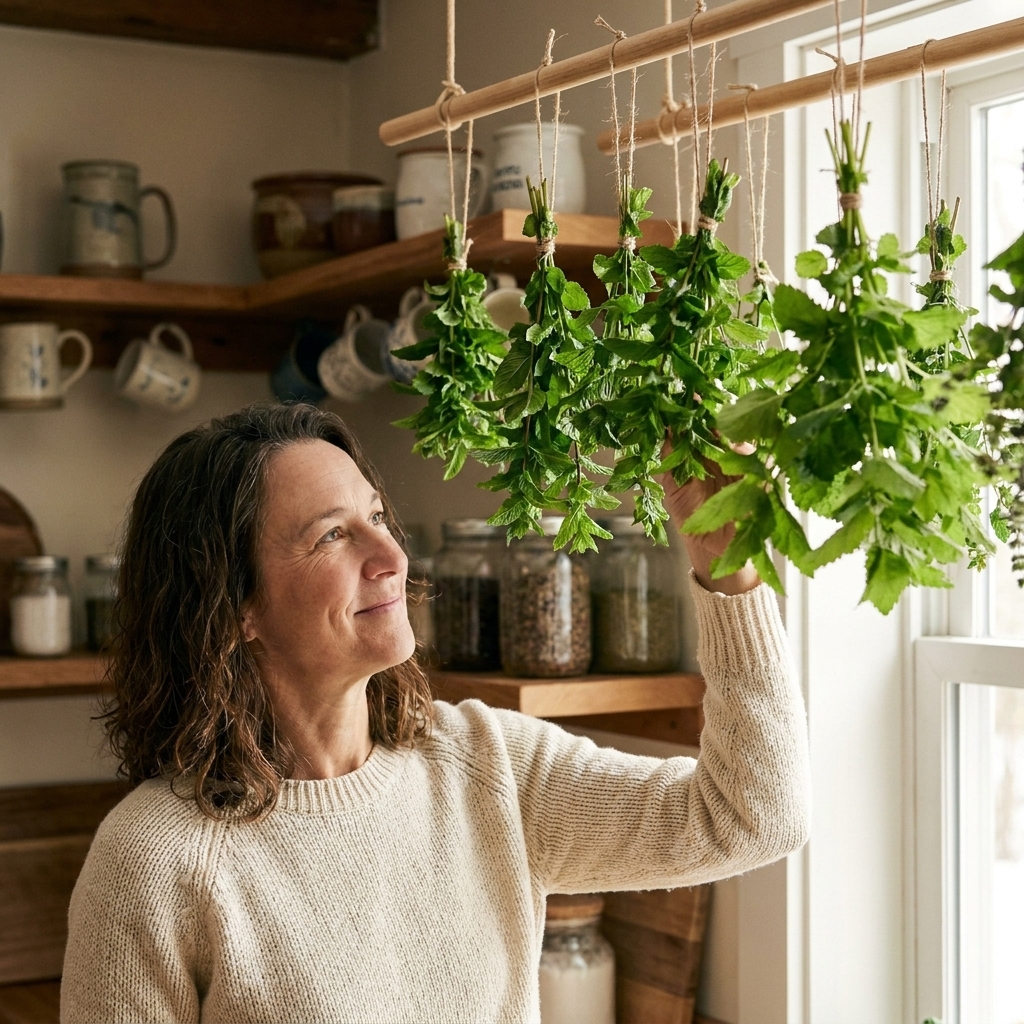 Bundles of mint and lemon balm tied with twine and hanging from a simple kitchen rack to air-dry in soft indoor light