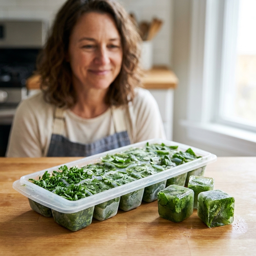Chopped green herbs frozen in an ice cube tray on a kitchen counter, with a few cubes already popped out