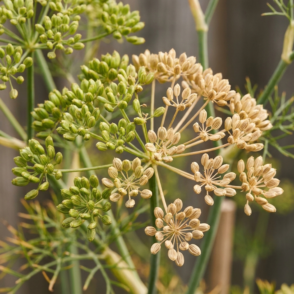 Fennel seed heads on the plant, with umbels turning from green to tan and several seeds looking full and slightly ridged