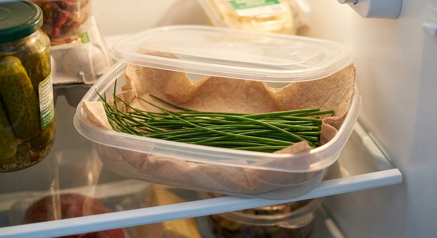 Fresh chives arranged in a shallow lidded container lined with paper towel, placed on a refrigerator shelf
