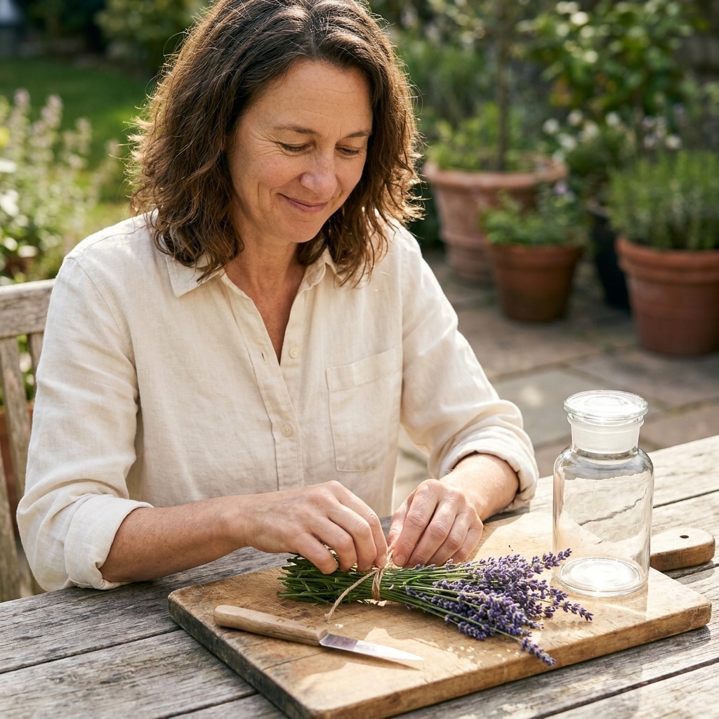Fresh lavender stems bundled with twine on a wooden cutting board beside a clean glass jar and a small paring knife