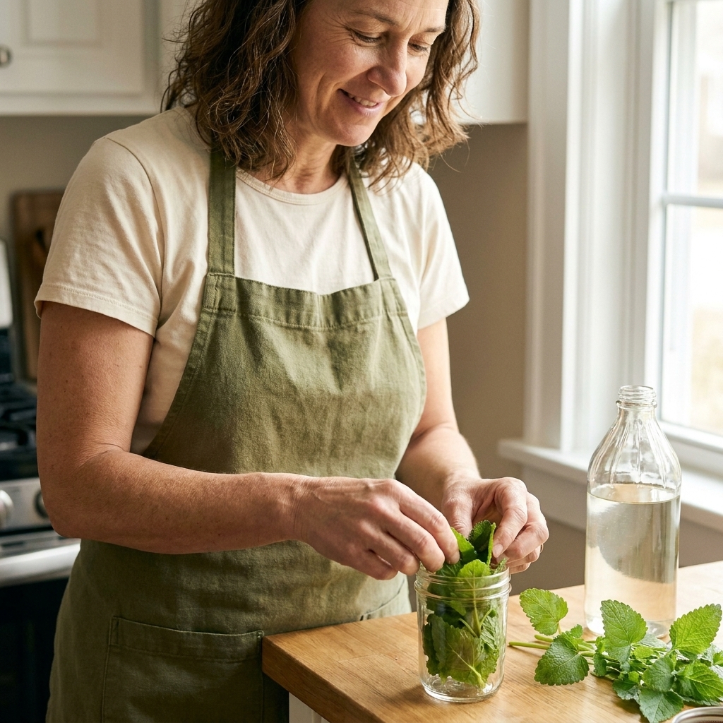 Fresh lemon balm leaves being tucked into a small glass jar on a kitchen counter, ready to be covered with liquid
