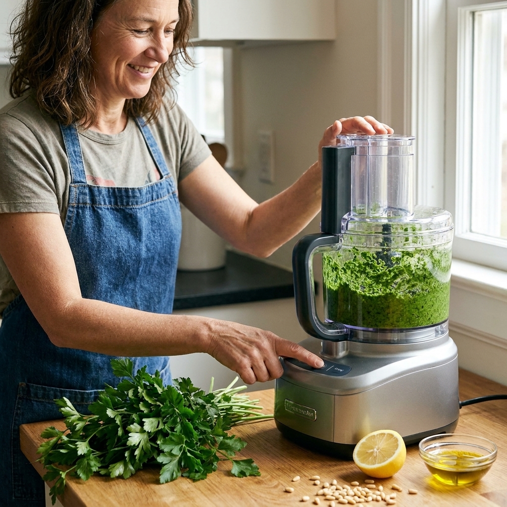Fresh parsley pesto being blended in a food processor, with parsley leaves and a lemon half on the counter beside it