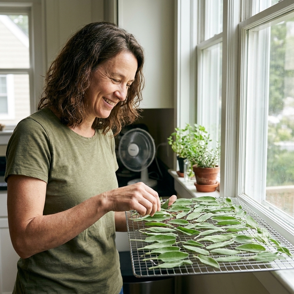 Fresh sage leaves spread in a single layer on a kitchen drying rack near a bright window, with good airflow and no direct sun