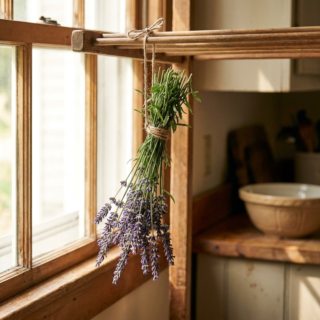 Freshly harvested lavender stems tied in a small bundle hanging from a simple kitchen drying rack near a window
