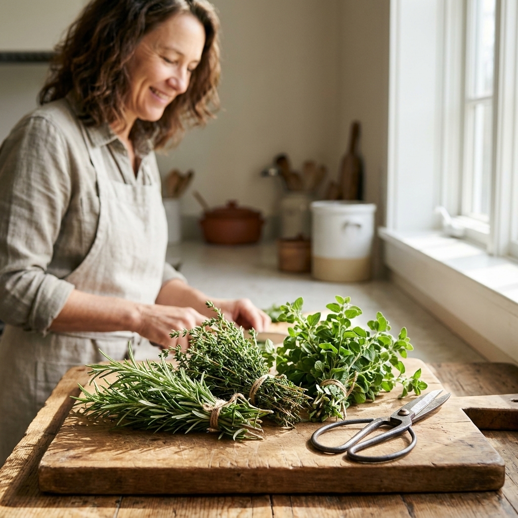 Freshly harvested rosemary, thyme, and oregano bundled on a wooden cutting board with kitchen shears nearby