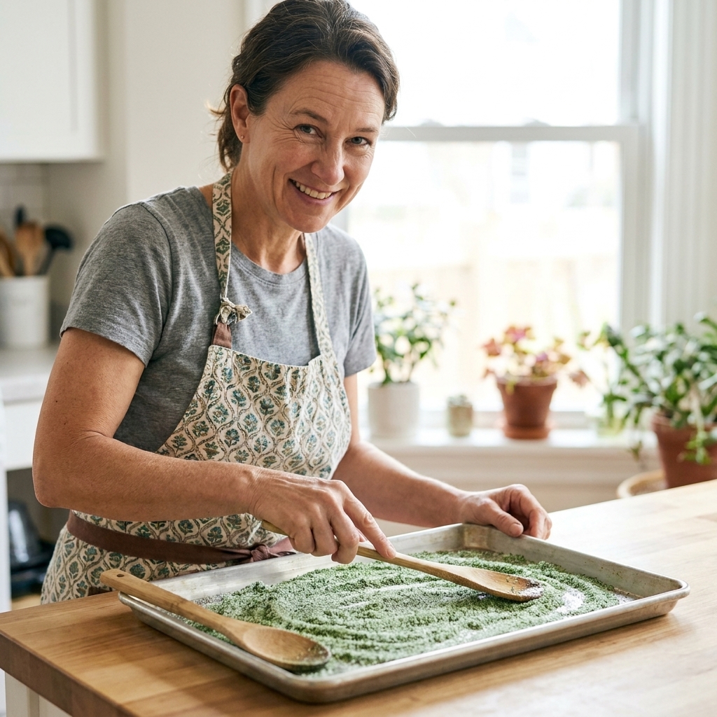 Freshly pulsed mint sugar spread in a thin layer on a baking sheet to dry, with a wooden spoon nearby in a bright home kitchen