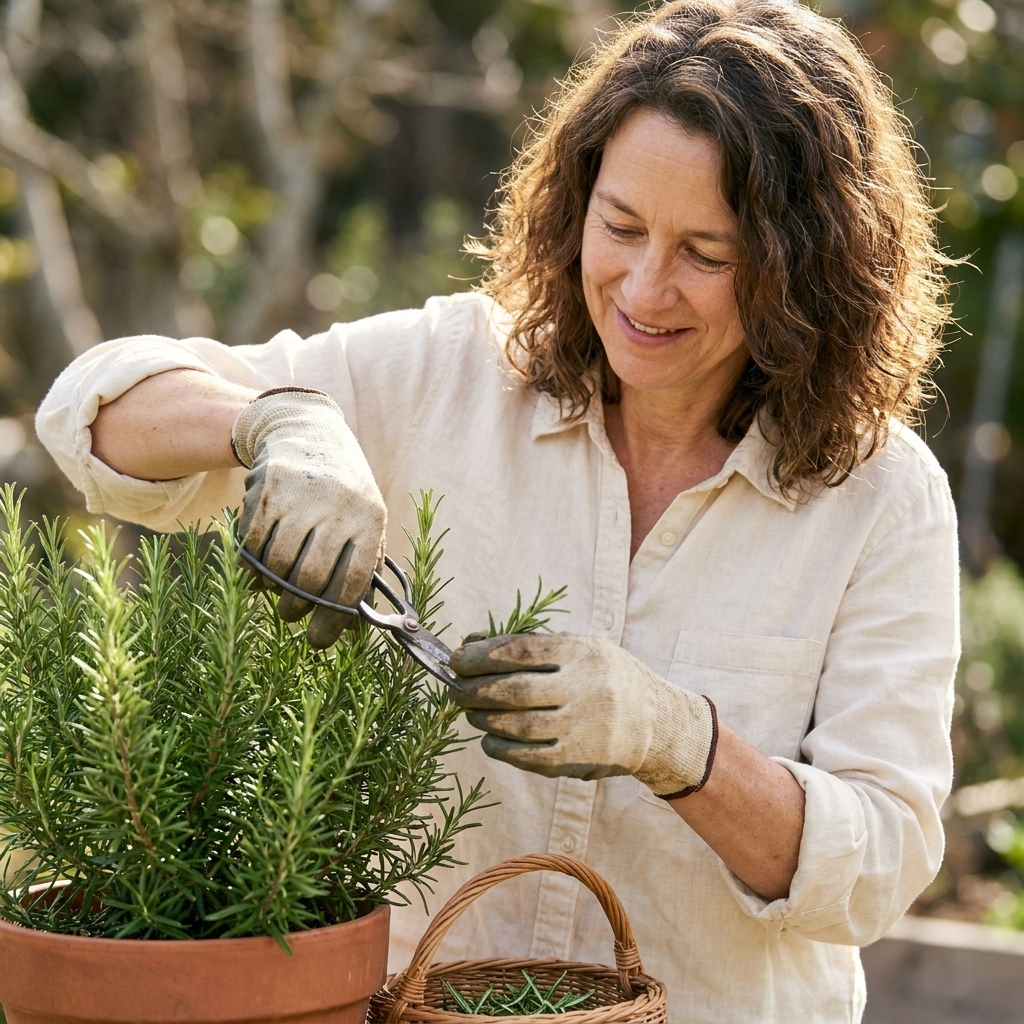 Garden snips trimming fresh green rosemary tips on a potted plant
