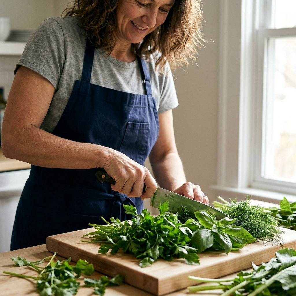 Hands chopping a large pile of mixed fresh herbs on a wooden cutting board, with a chef's knife mid-chop and leafy greens scattered around