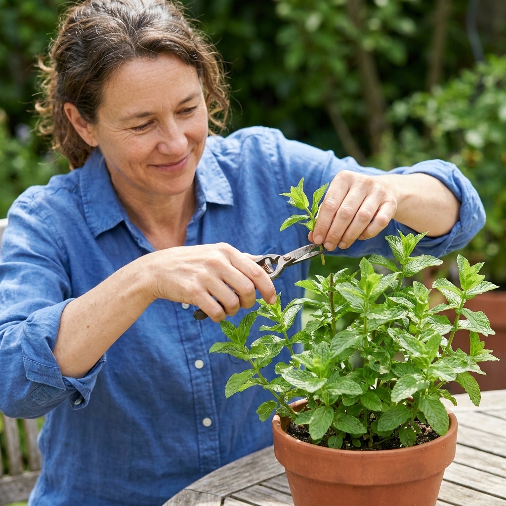 Hands harvesting mint by snipping a stem just above a pair of leaves on a vigorous green mint plant growing in a pot