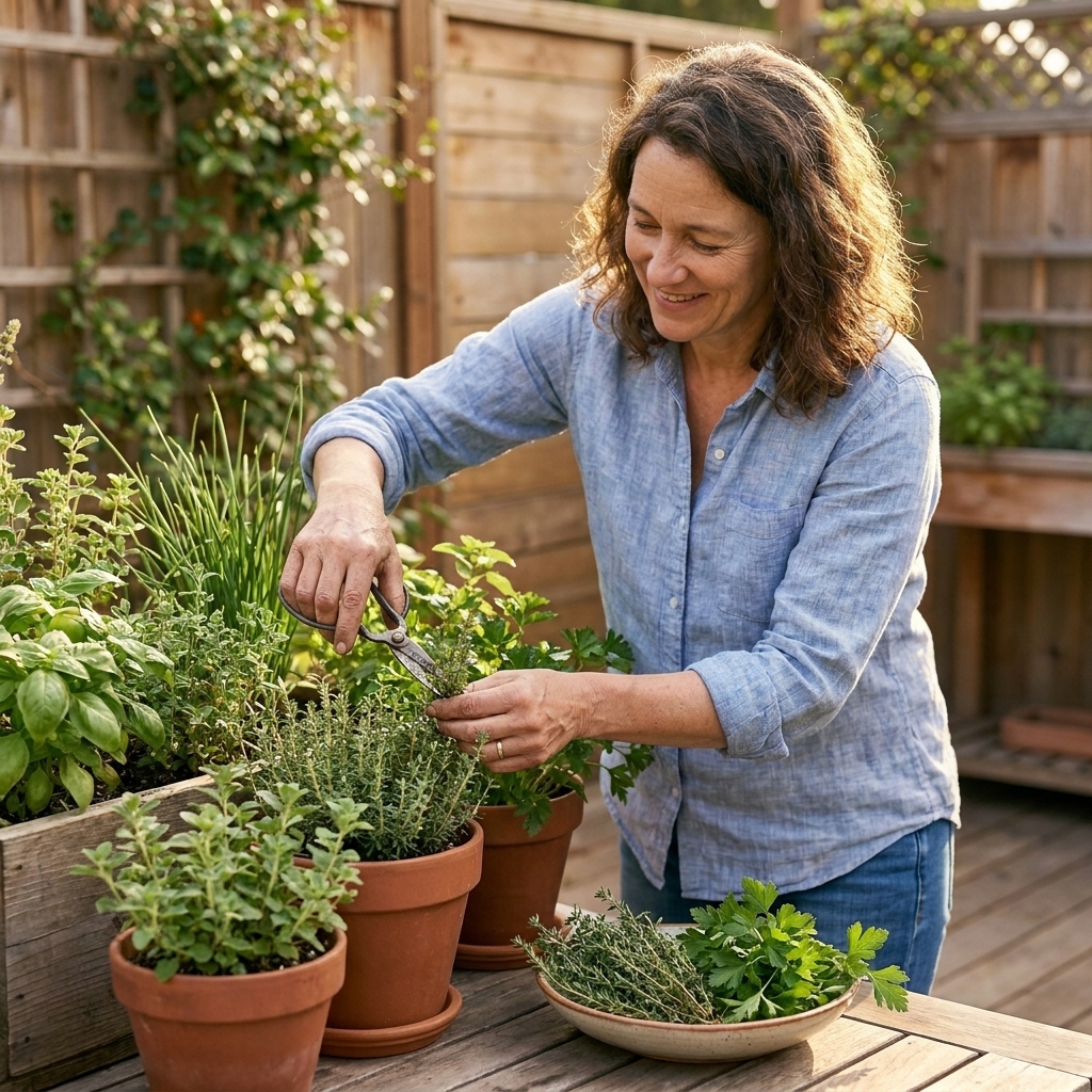 Hands harvesting mixed herbs from patio containers, with fresh thyme and parsley resting in a small bowl