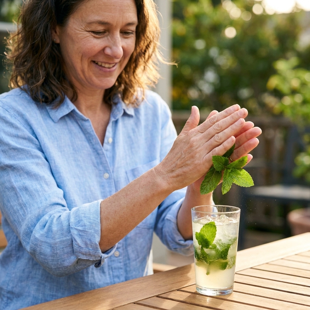 Hands holding a fresh mint sprig above a cocktail glass, mid-slap, with leaves slightly fanned out