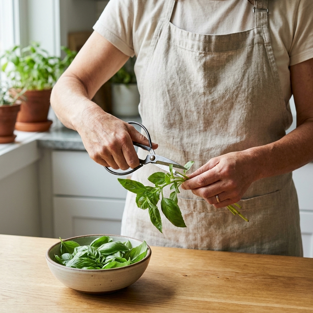 Hands holding basil stems while scissors snip a stem tip just above a leaf node, with a small bowl of basil on the table.