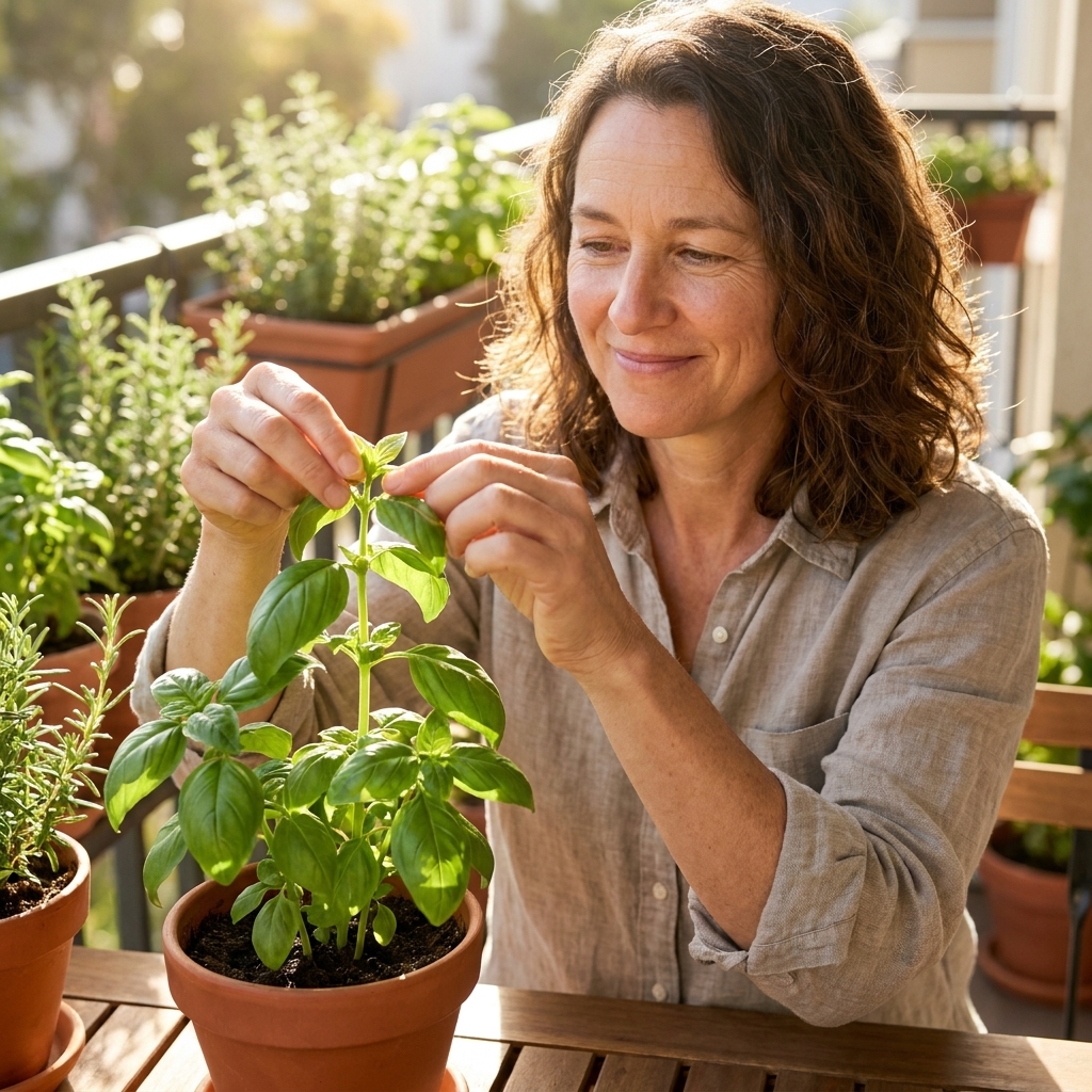 Hands pinching the growing tip of a basil stem just above a pair of leaves in a sunny kitchen or balcony setting