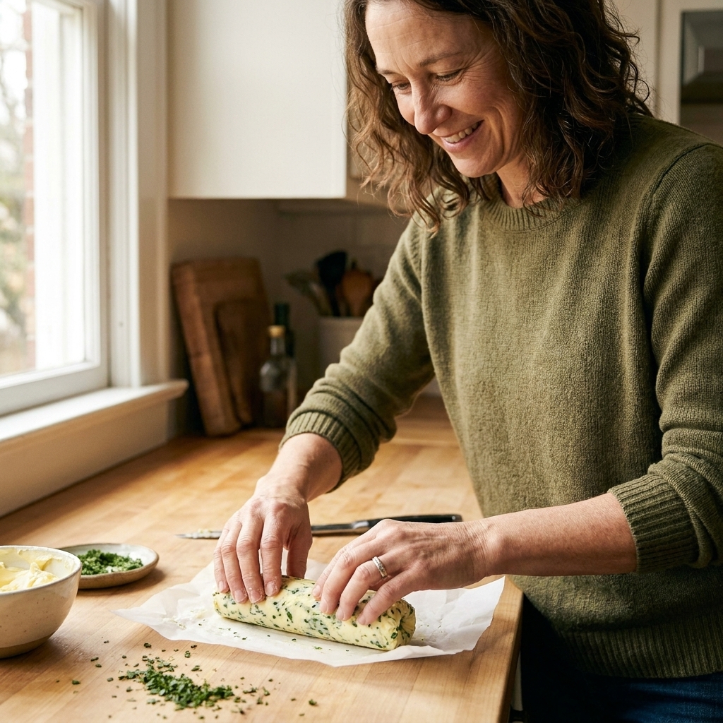Hands rolling softened herb butter into a tight log inside parchment paper on a kitchen counter