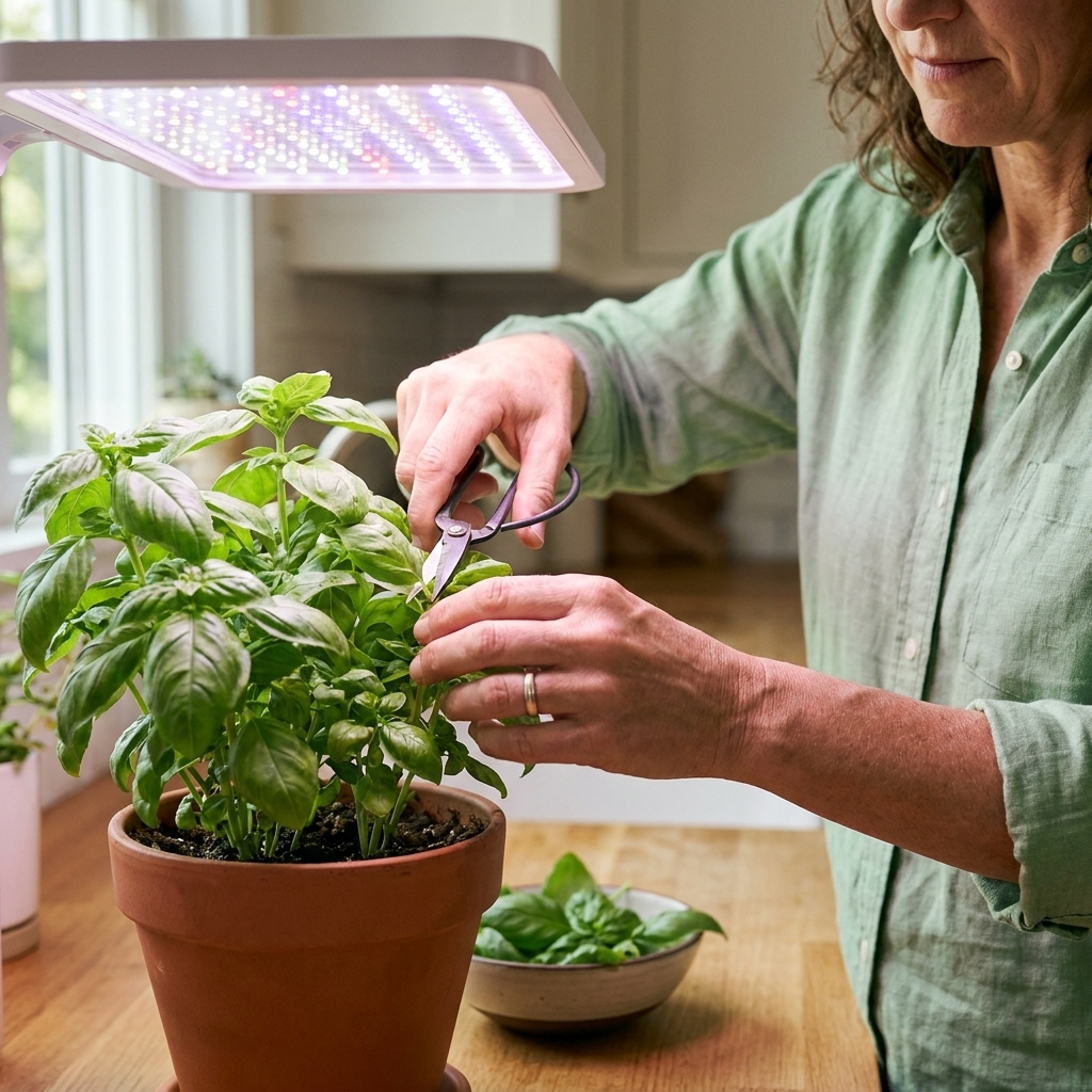Hands snipping fresh basil stems with small scissors from a potted basil plant growing under an LED light