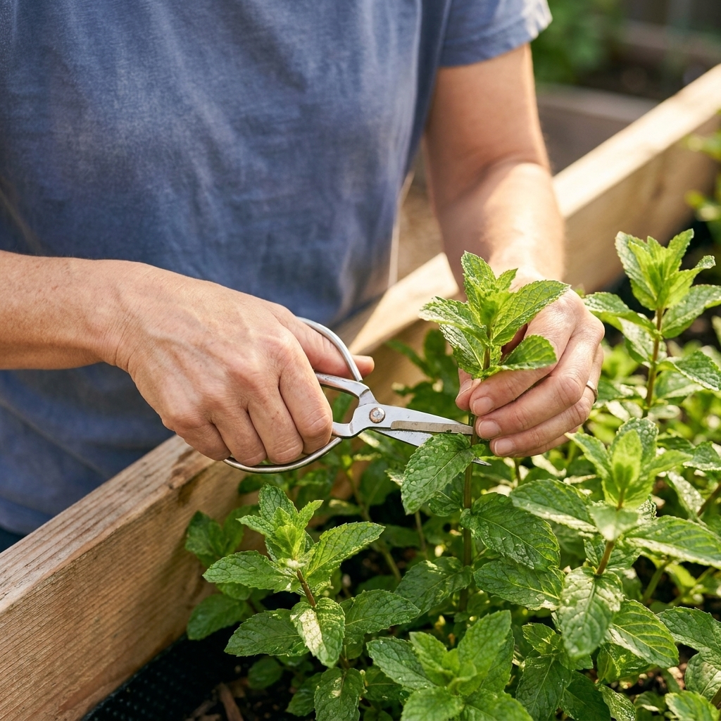 Hands snipping fresh mint stems with small garden scissors over a raised bed, with bright green leaves in focus