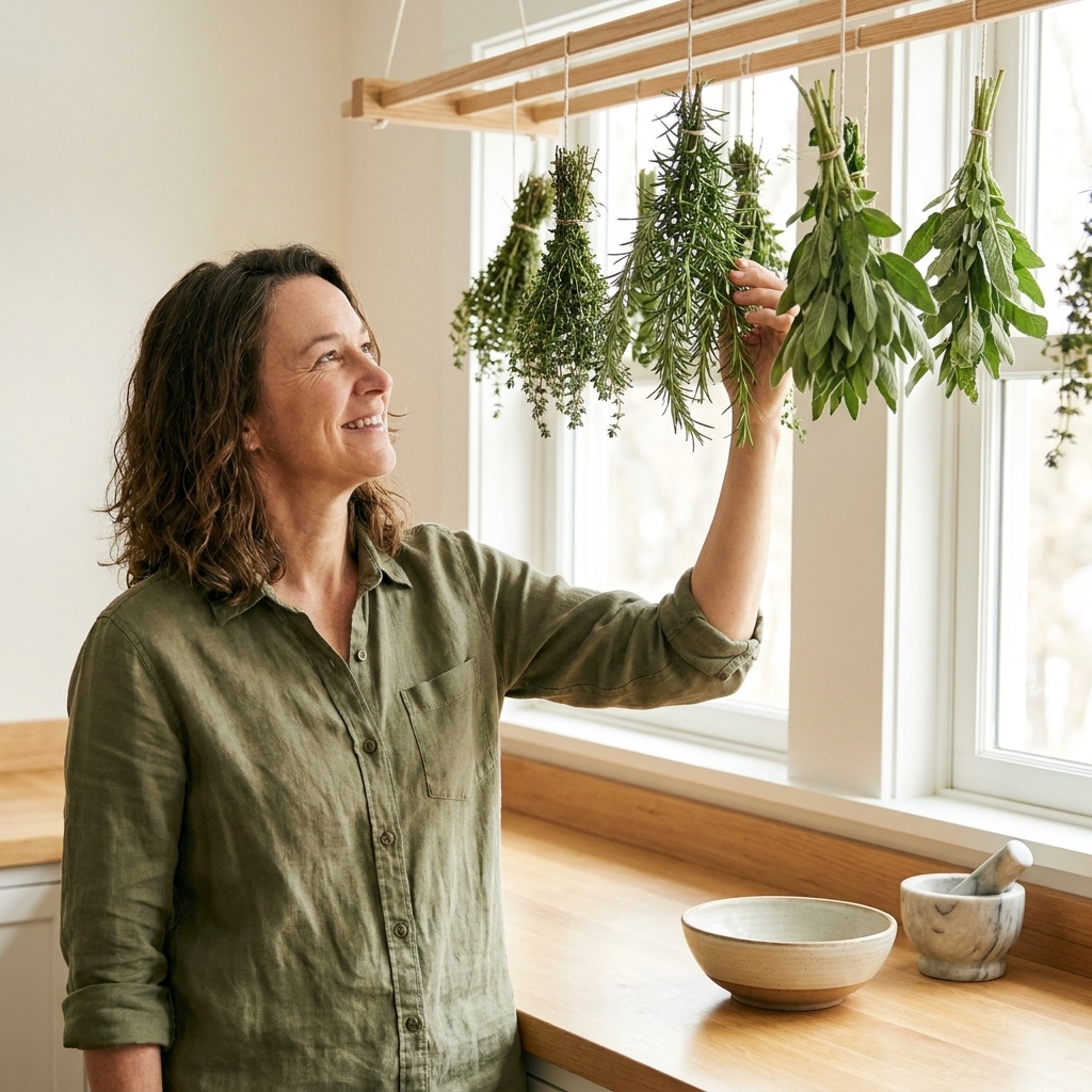 Herb bundles hanging upside down from a simple kitchen drying rack in a bright room, with a clean countertop below