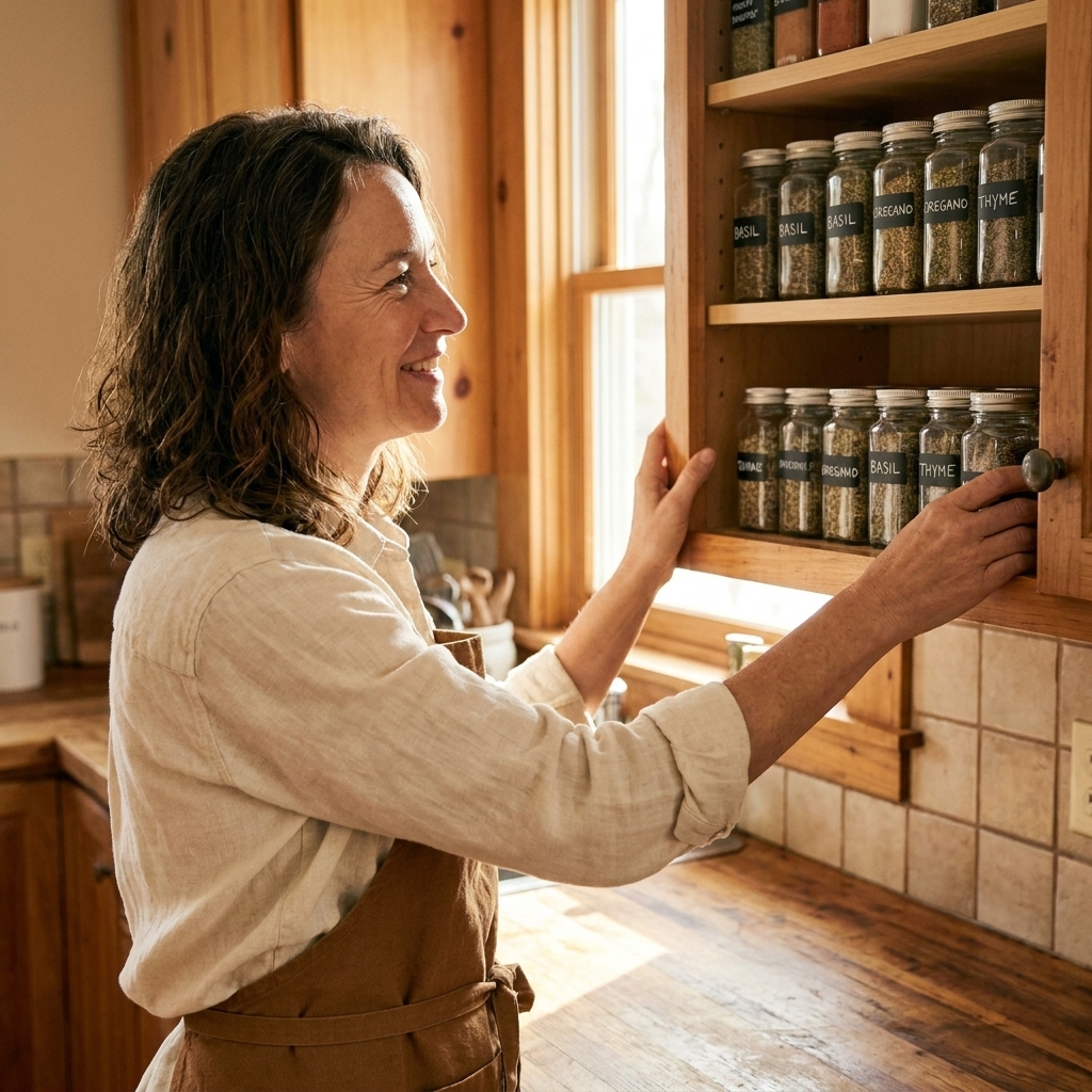 Labeled glass spice jars filled with dried herbs lined up inside a kitchen cabinet in warm natural light