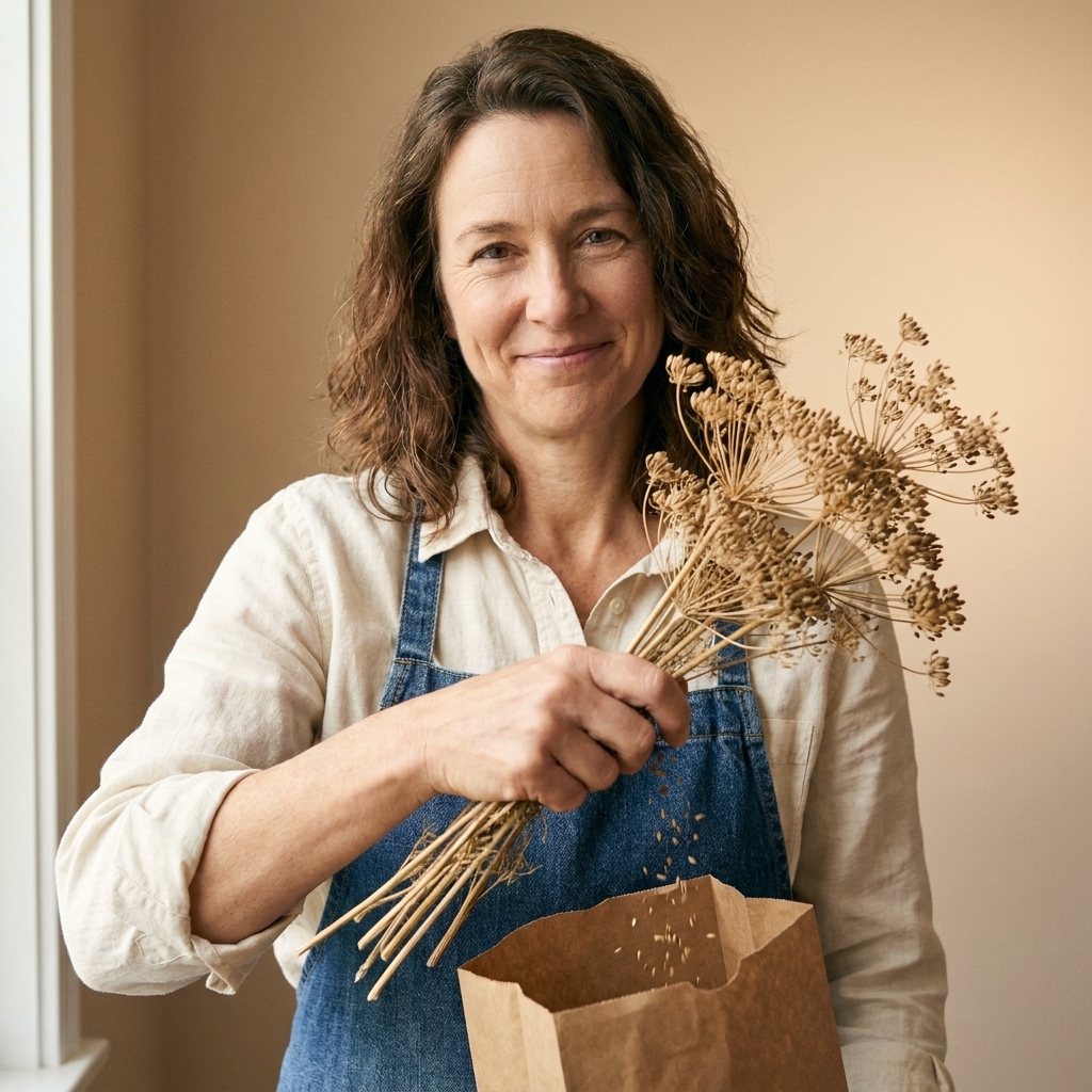 Mature dill seed umbels that have turned light brown, held above a paper bag ready for harvesting