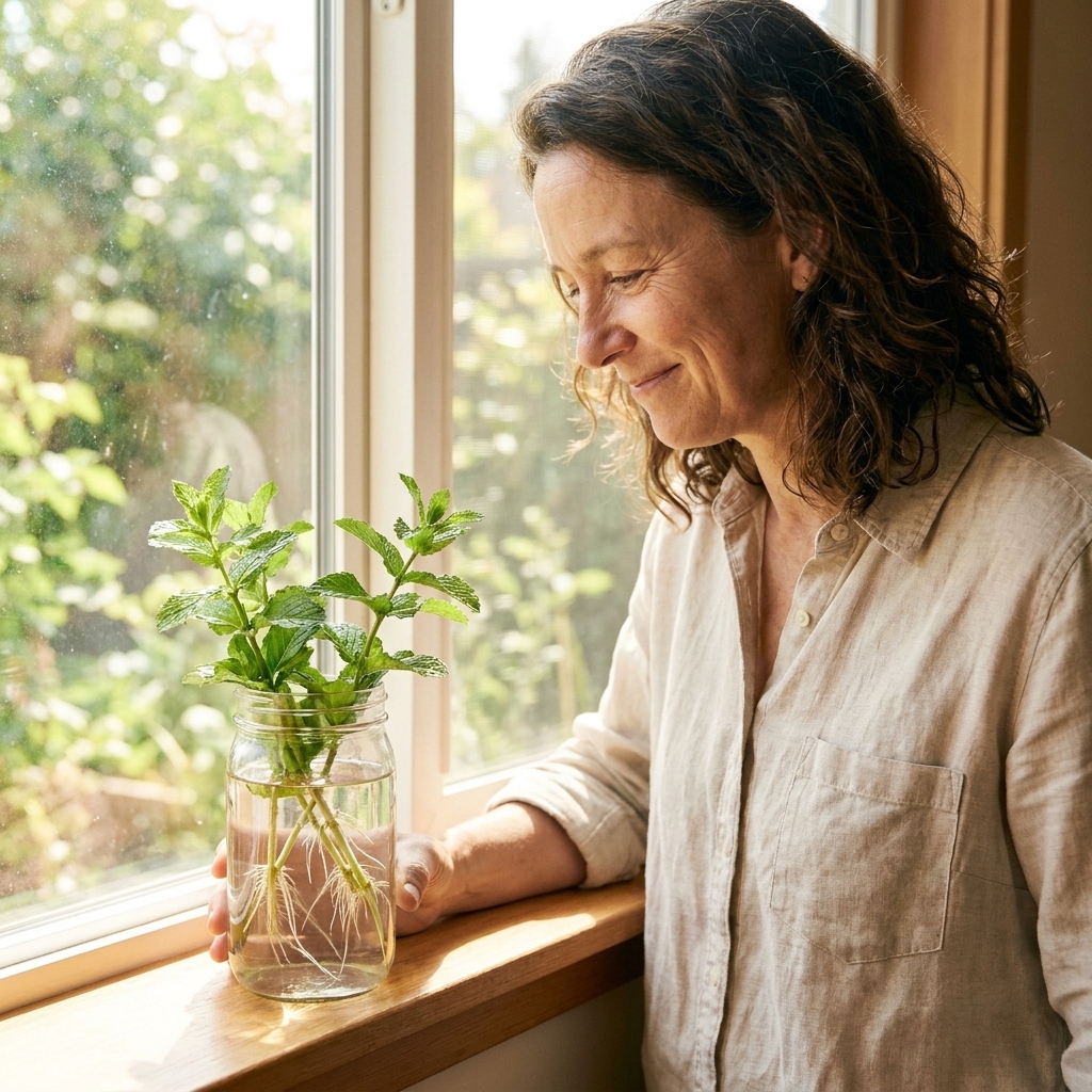Mint cuttings in a clear jar with several white roots growing from the submerged stem nodes on a bright windowsill