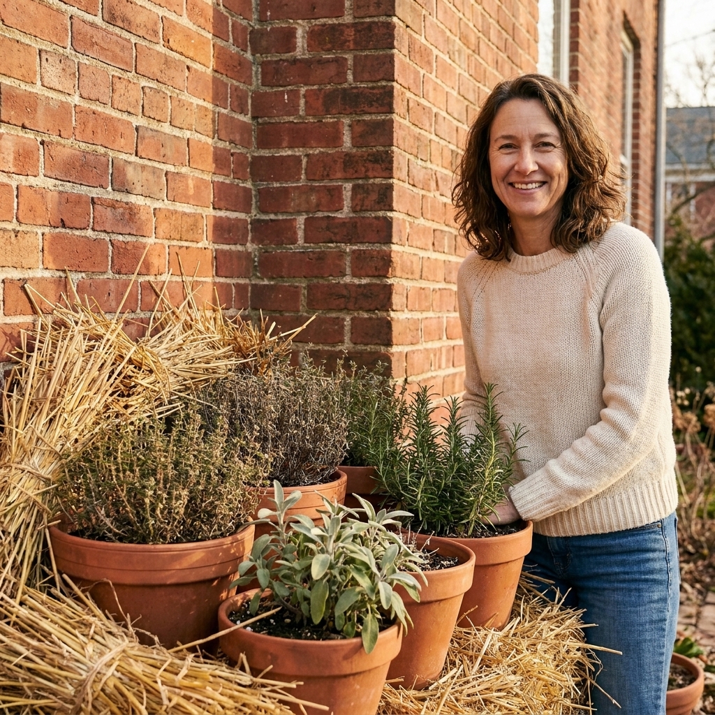 Multiple potted herbs clustered tightly in a corner against a brick house wall, with straw packed around the pots for winter protection