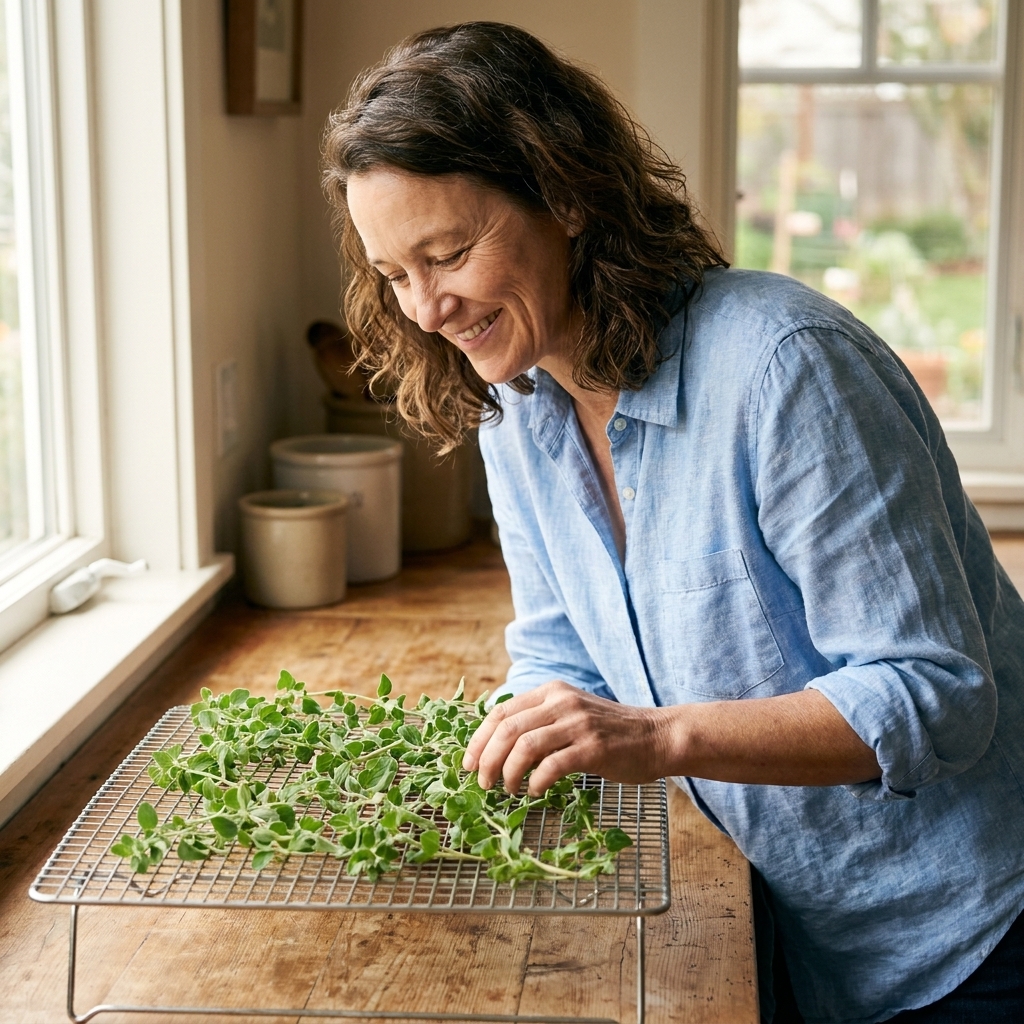 Oregano sprigs spread in a single layer on a metal drying rack on a kitchen counter, with soft natural window light