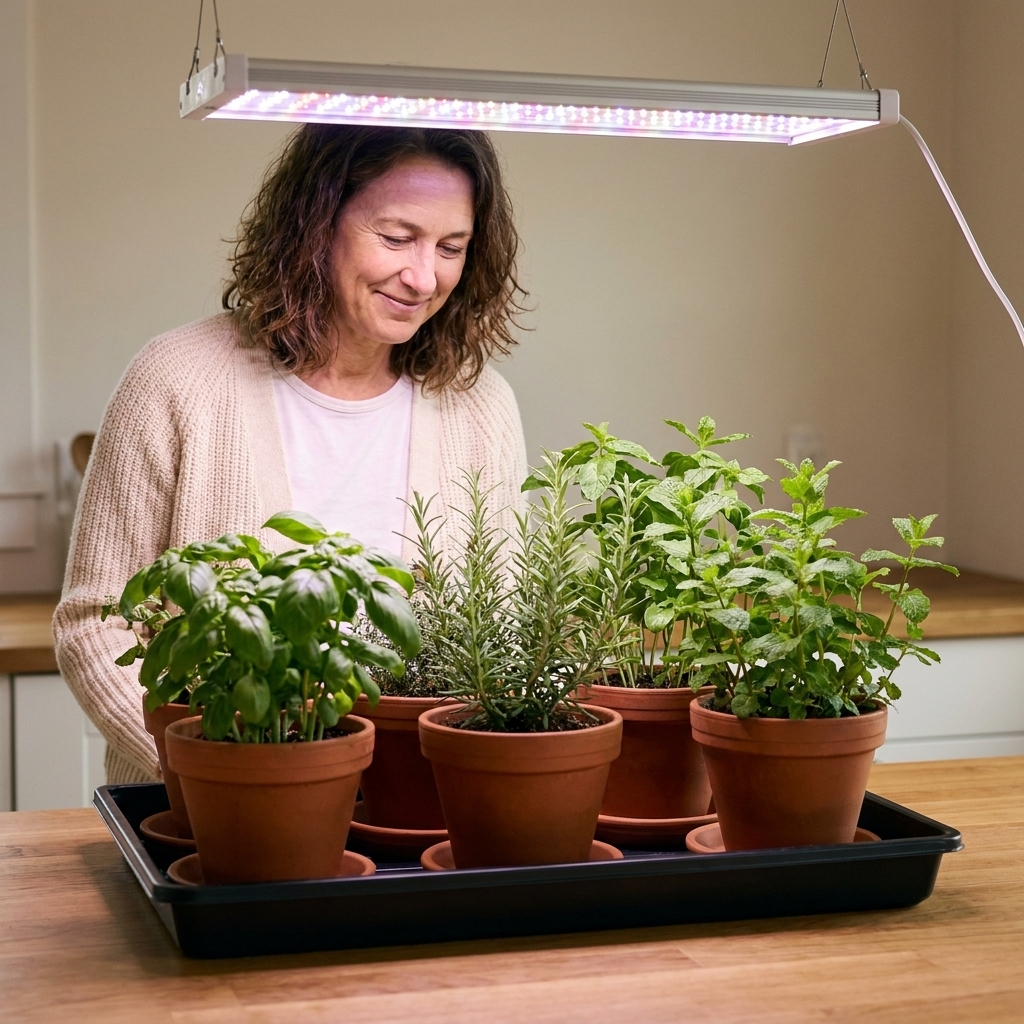 Potted herbs sitting in a shallow waterproof tray on a countertop under a grow light, with visible plant saucers