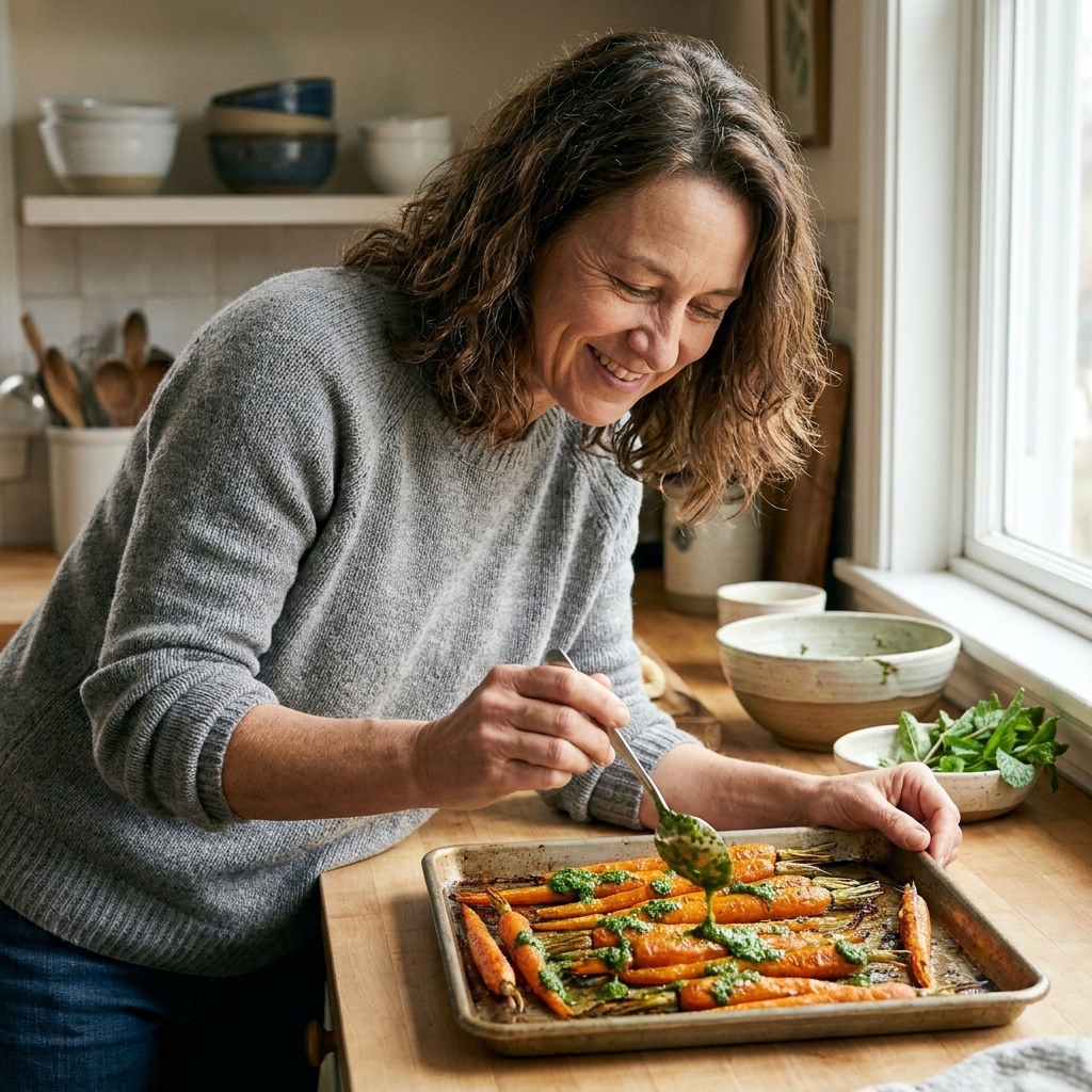 Roasted carrots on a baking tray with a spoonful of mint pesto melting over the warm carrots, photographed in natural kitchen light