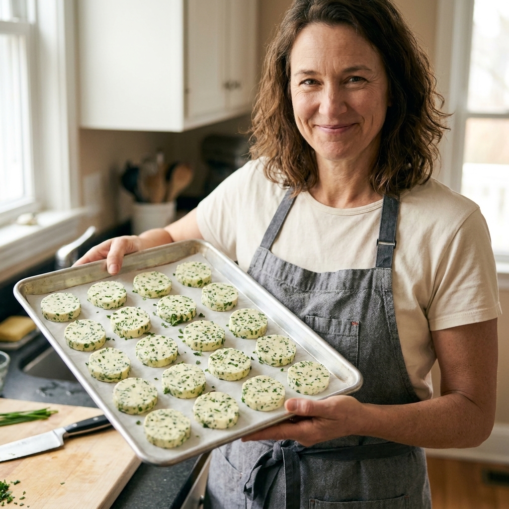 Round slices of herb compound butter arranged on a parchment-lined baking sheet ready to be frozen