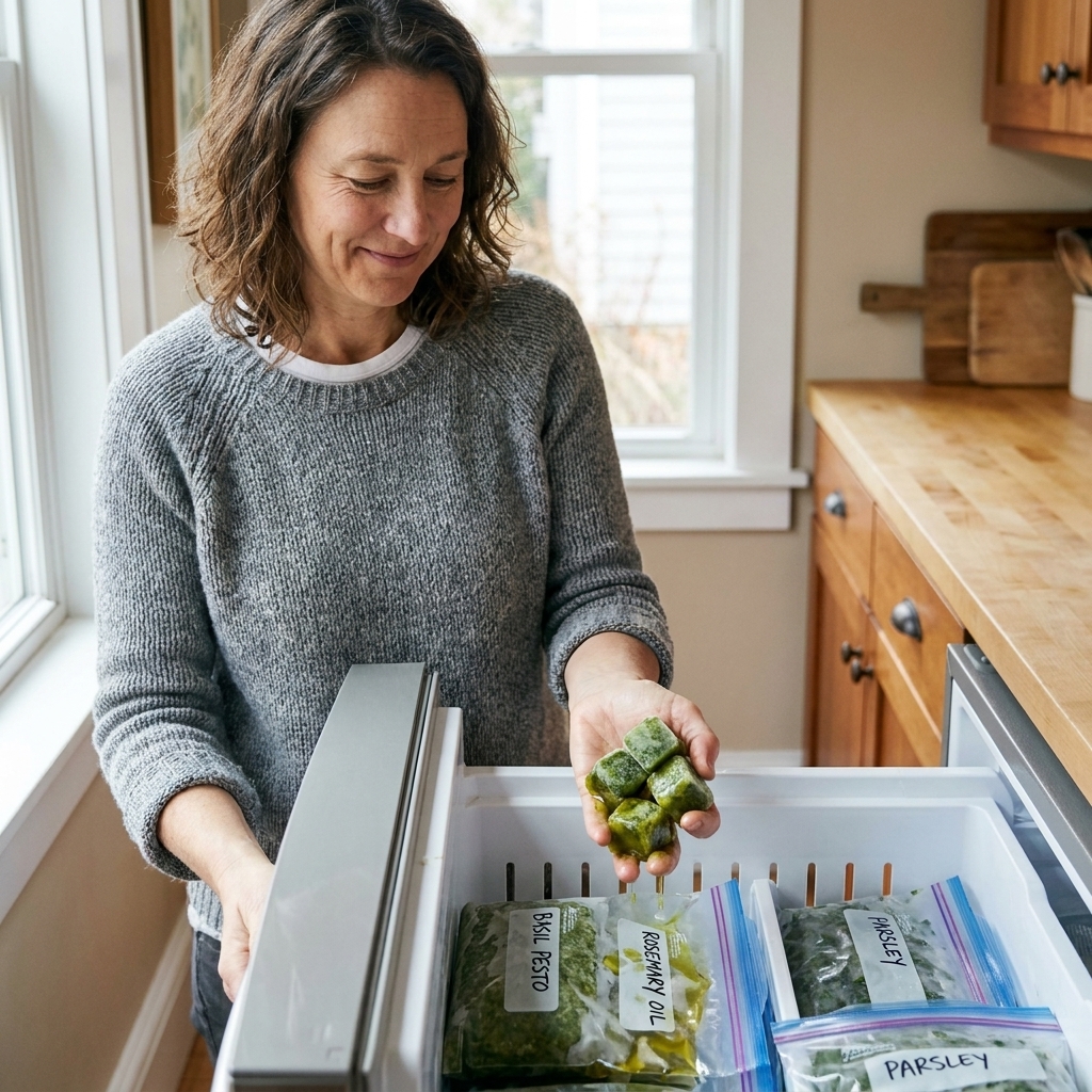 Several frozen herb and olive oil cubes held above an open freezer drawer with labeled bags inside