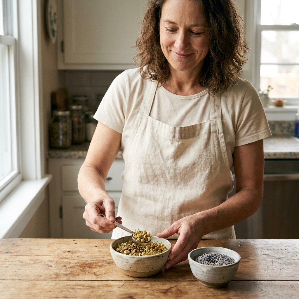 Small ceramic bowls holding dried lavender buds and dried chamomile flowers beside a measuring spoon on a kitchen table
