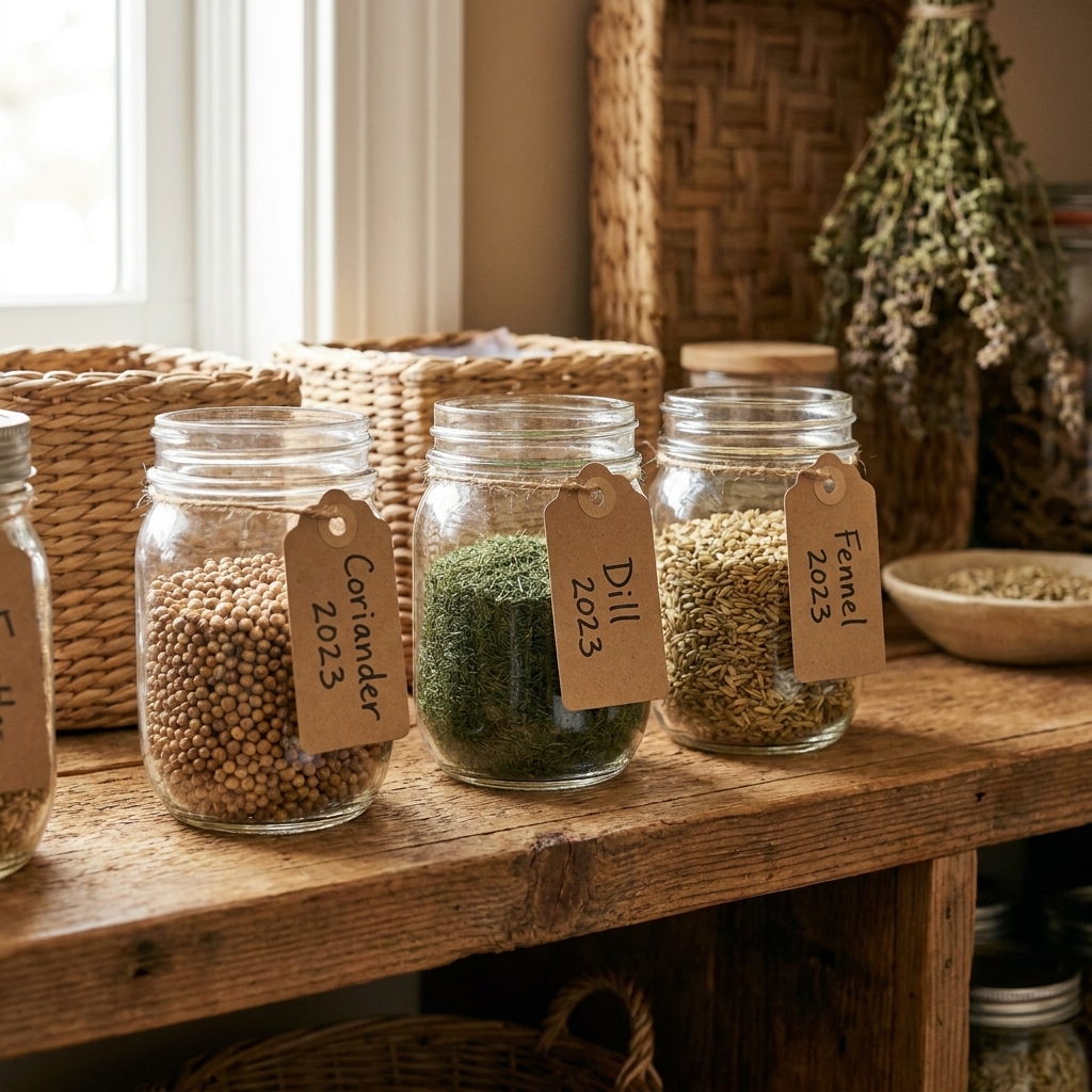 Small glass jars filled with coriander, dill, and fennel seeds on a wooden pantry shelf, each jar neatly labeled with the herb name and harvest year