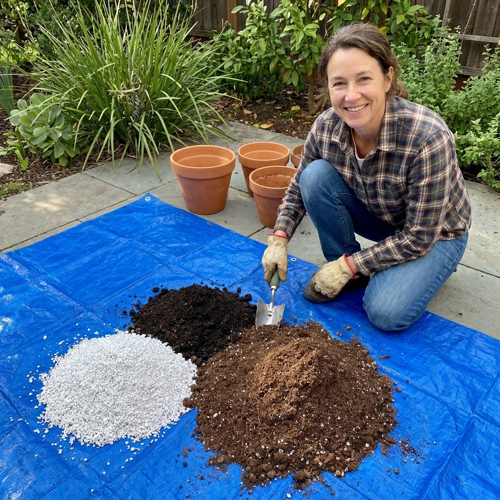 Three separate piles of perlite, compost, and potting mix on a tarp, ready to be mixed for container planting