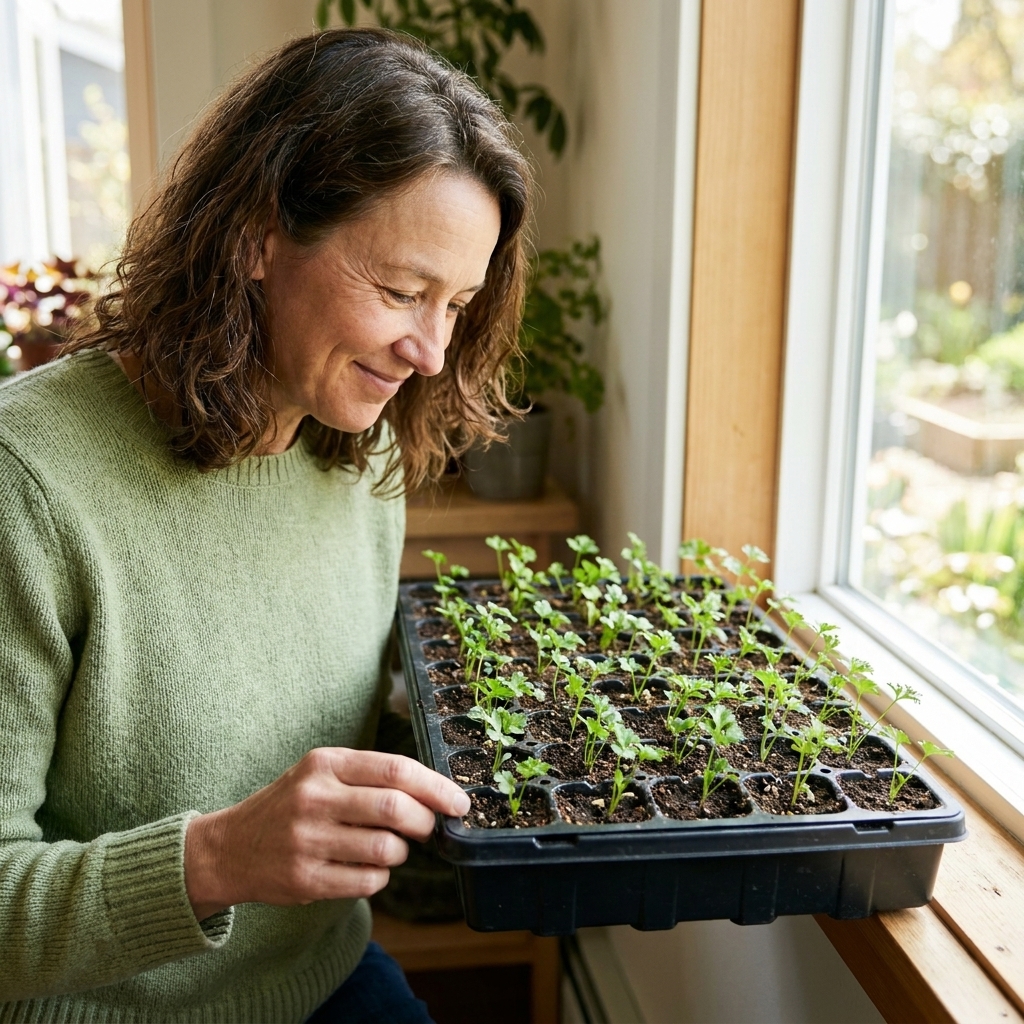 Tiny parsley seedlings with their first true leaves emerging in a seed-starting tray near a bright window
