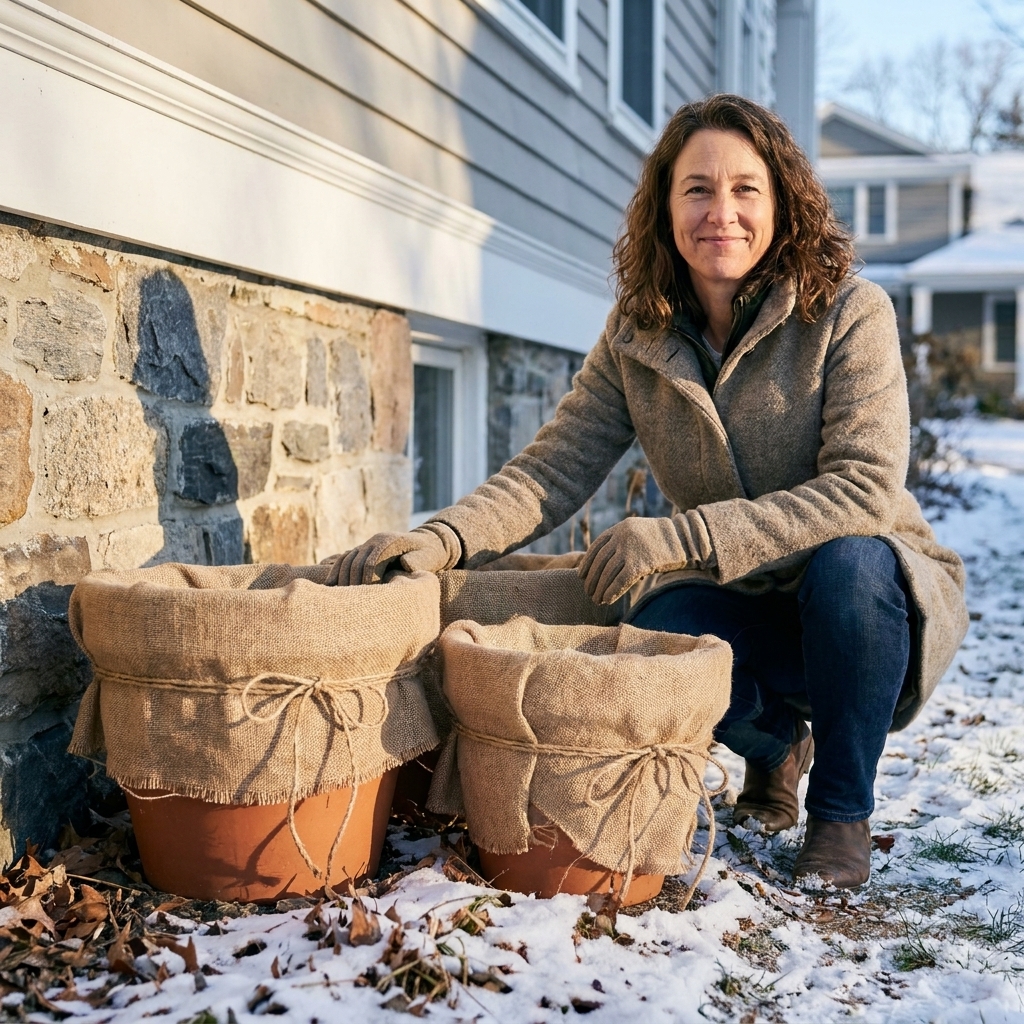 Two large terra cotta pots wrapped in burlap and tied with twine, sitting outdoors near a house in winter light