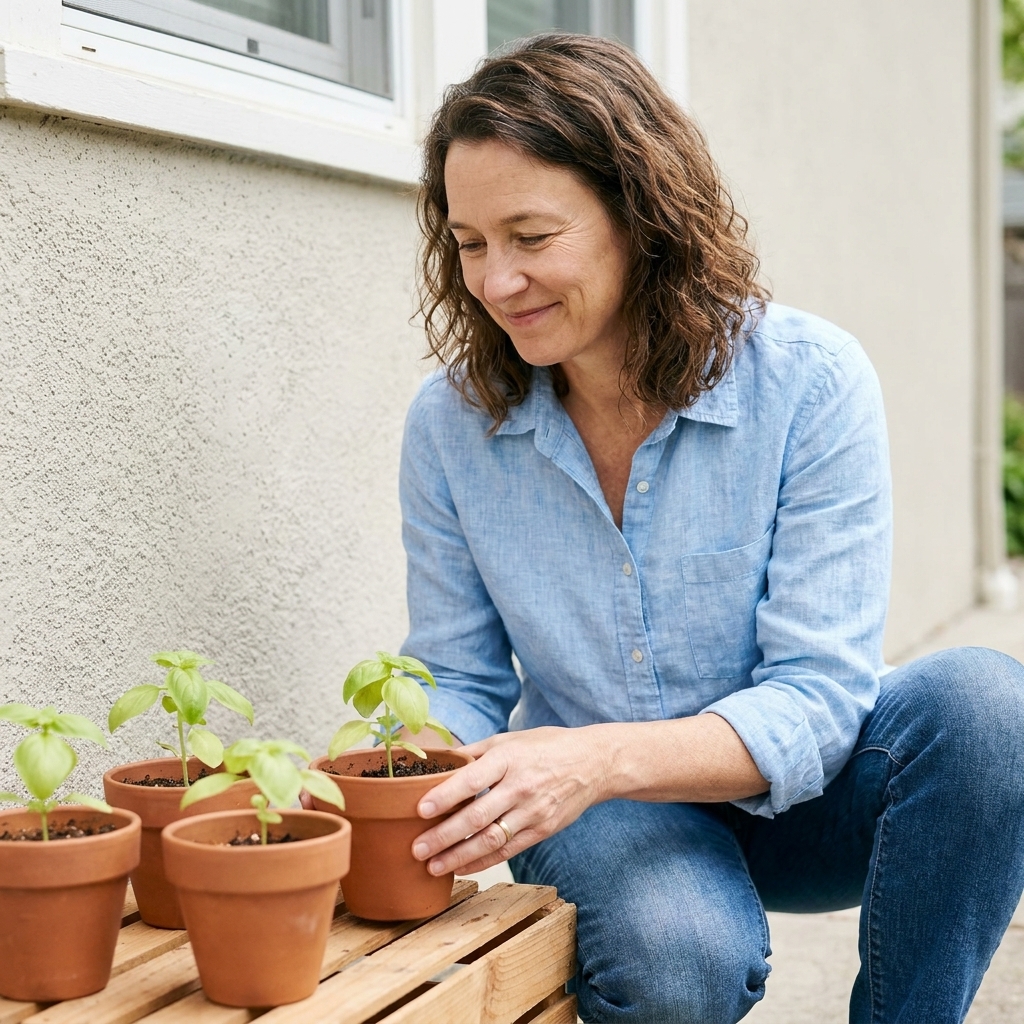 Young basil seedlings in small pots sitting outdoors in bright shade near a house wall, showing tender light green leaves